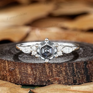 6mm Hexagon Gray Moissanite Engagement Ring, White Gold Moissanite Cluster Promise Ring, Minimalist Grey Moissanite Wedding Rings For Women