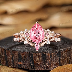Vintage Leaf Floral Pear Pink Sapphire Engagement Ring Set, 14k Gold Peach Sapphire Promise Rings For Women Custom Nature Inspired Ring Gift