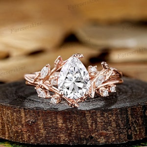 Dainty Pear Moissanite Wedding Rings Set 14k Gold Nature Inspired Leaf Branch Promise Ring Gift For Women Custom Moissanite Engagement Ring