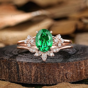 Oval Green Garnet Engagement Ring Set Vintage Moissanite Leaf Curved Wedding Band 14k Rose Gold Tsavorite Garnet Promise Rings For Women