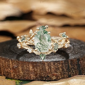 Zestaw pierścionków zaręczynowych Nature Oval Moss Agate, 14k żółte złoto, inspirowane naturą, pierścionki obietnicowe dla kobiet, niestandardowe pierścionki na rocznicę ślubu
