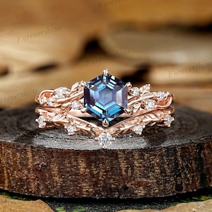 6mm Hexagon Cut Alexandrite Engagement Ring Set,  Vintage Nature Inspired Leaf Branch Women Wedding Rings, Solid Gold Custom Promise Ring