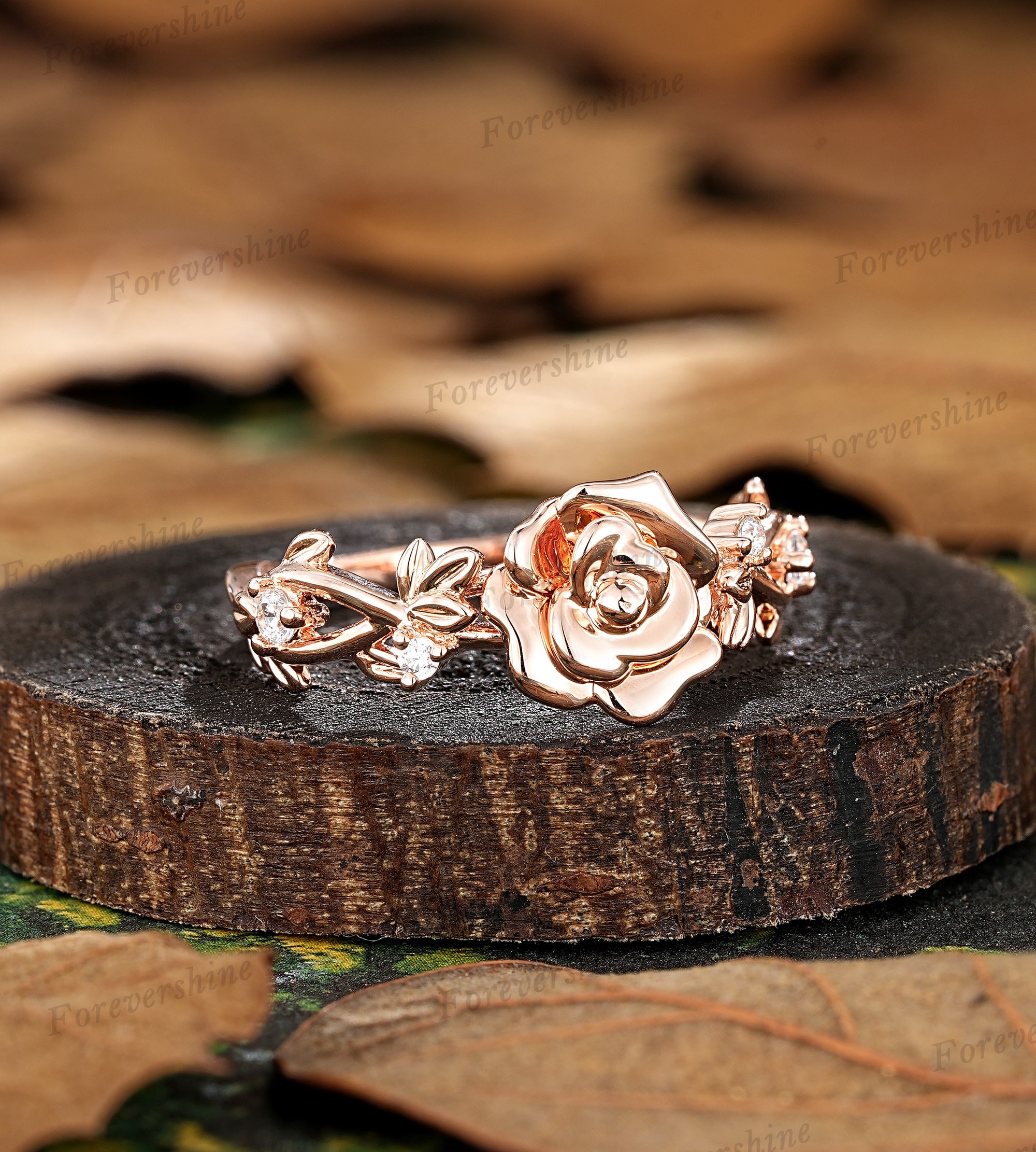Custom Rose Flower Engagement Ring, Nature Inspired Leaf Branch