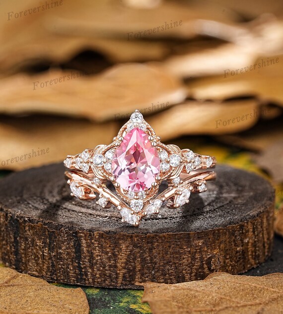 Pear Shaped Pink Sapphire Engagement Ring Set Vintage Moissanite
