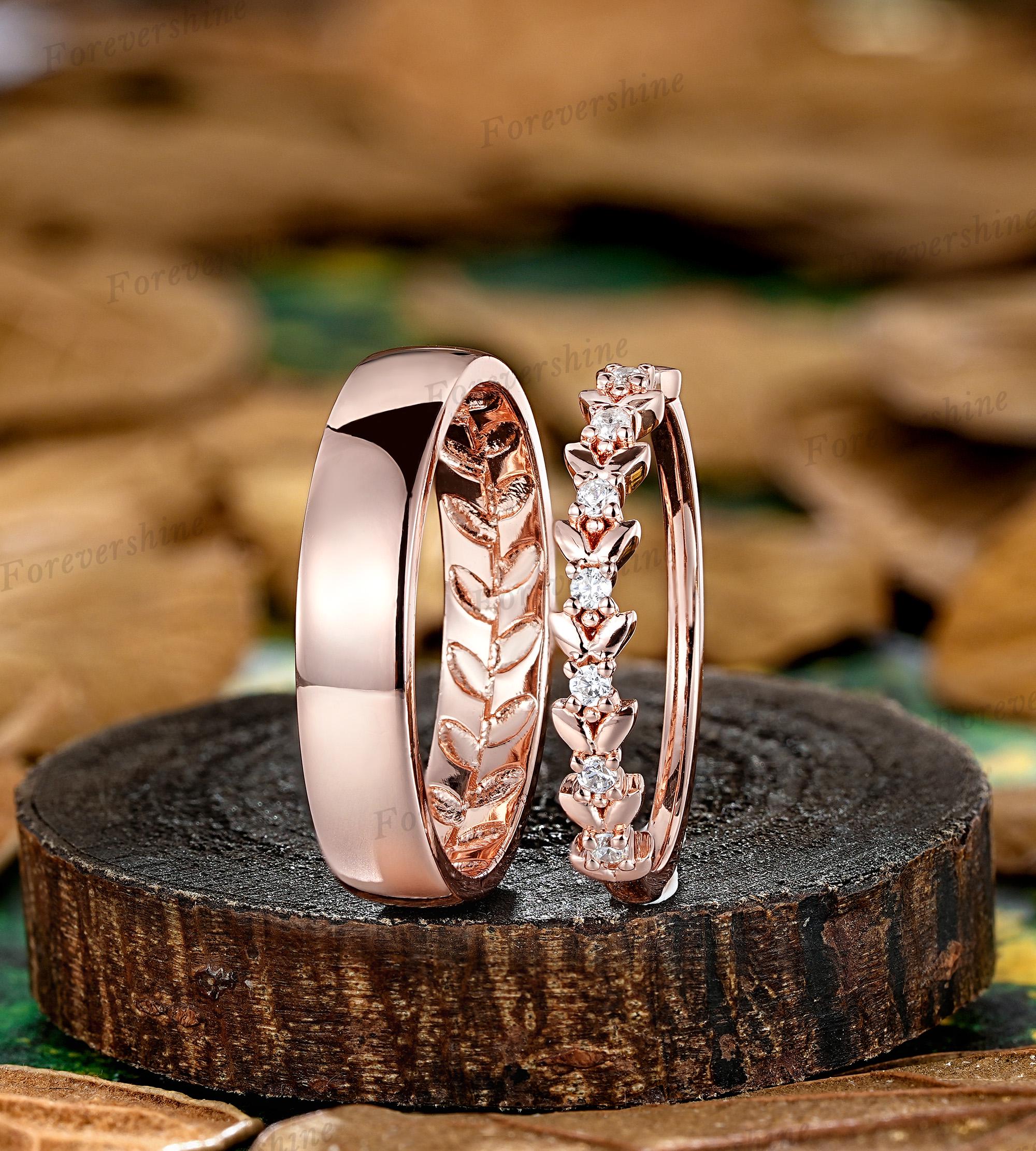 Moissanite Couple Ring Set Leaf Carved Wedding Rings for Women and