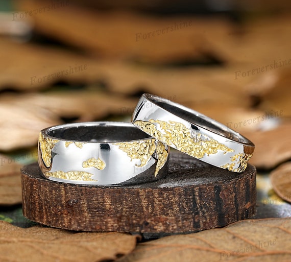 White Gold World Map Couple Rings Set Unique Two Tones His and