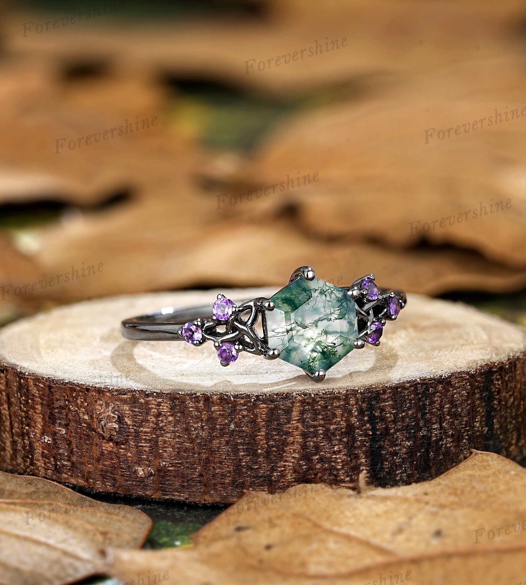 Hexagon Cut Moss Agate Engagement Ring Black Gold Amethyst Wedding