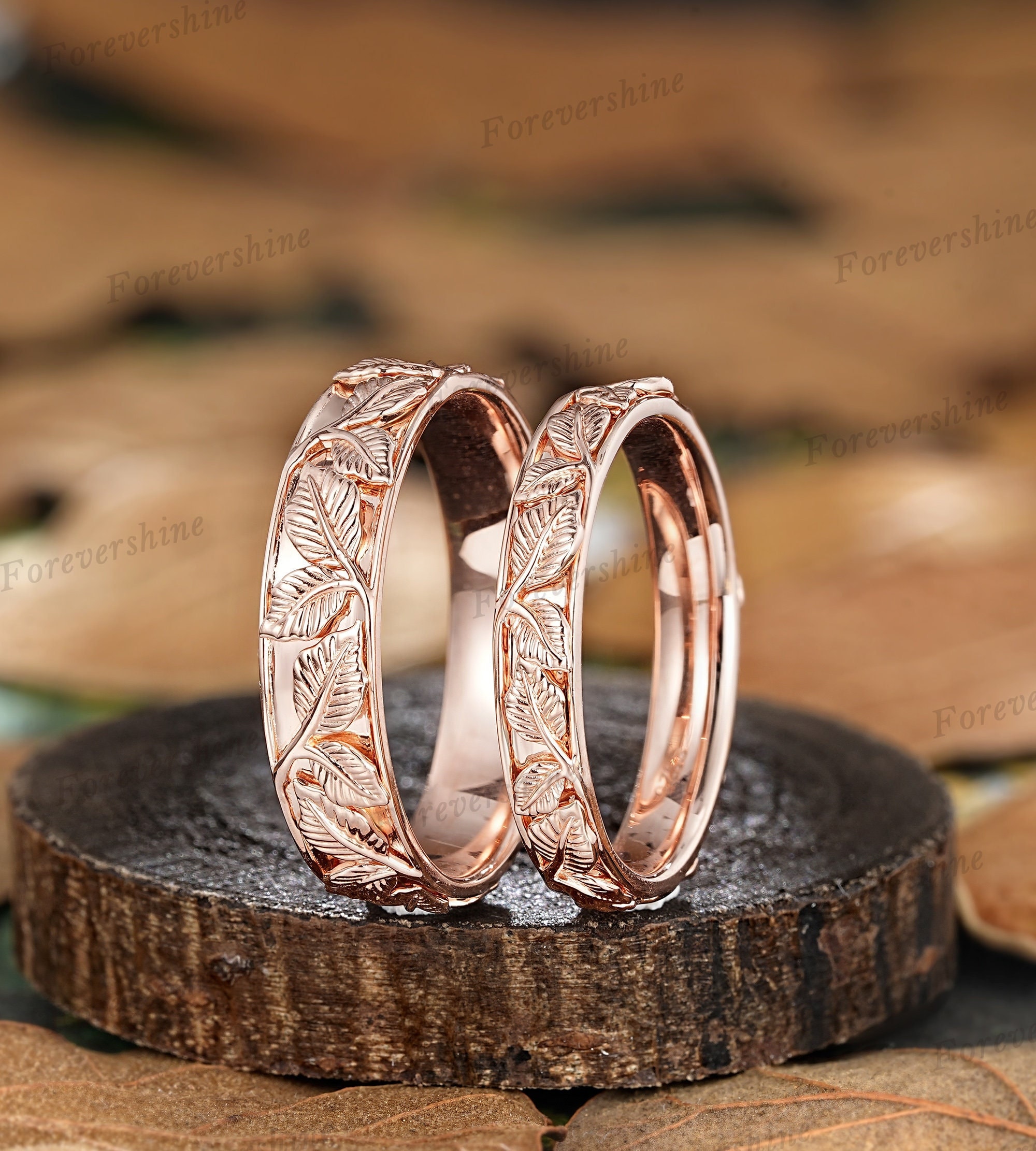 Set di 2 anelli di coppia per uomo e donna, anello di fidanzamento con foglia in oro giallo e moissanite, fedi nuziali per lui e per lei, anelli di promessa per donna