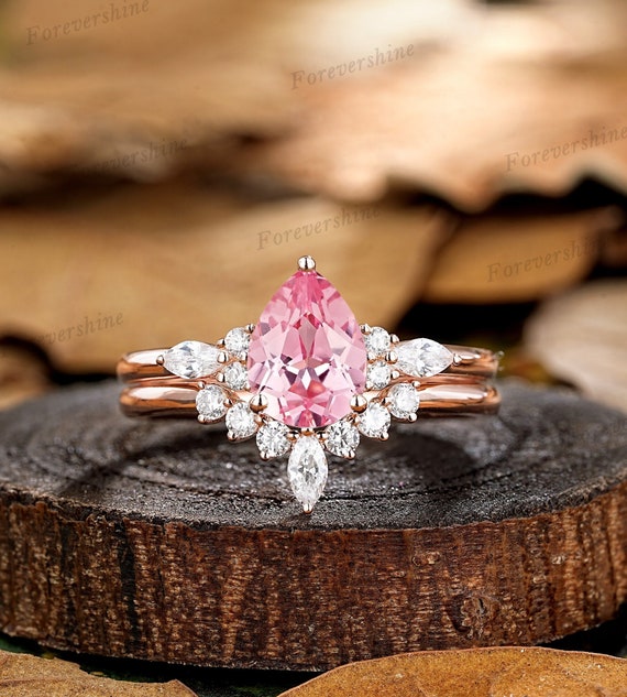 Pear Pink Sapphire Engagement Ring Set Vintage Marquise Moissanite