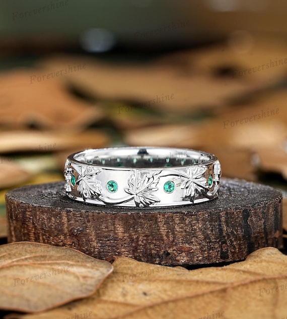 Anillo De Oro Blanco Con Esmeralda Hombre Anillo De Bodas Para