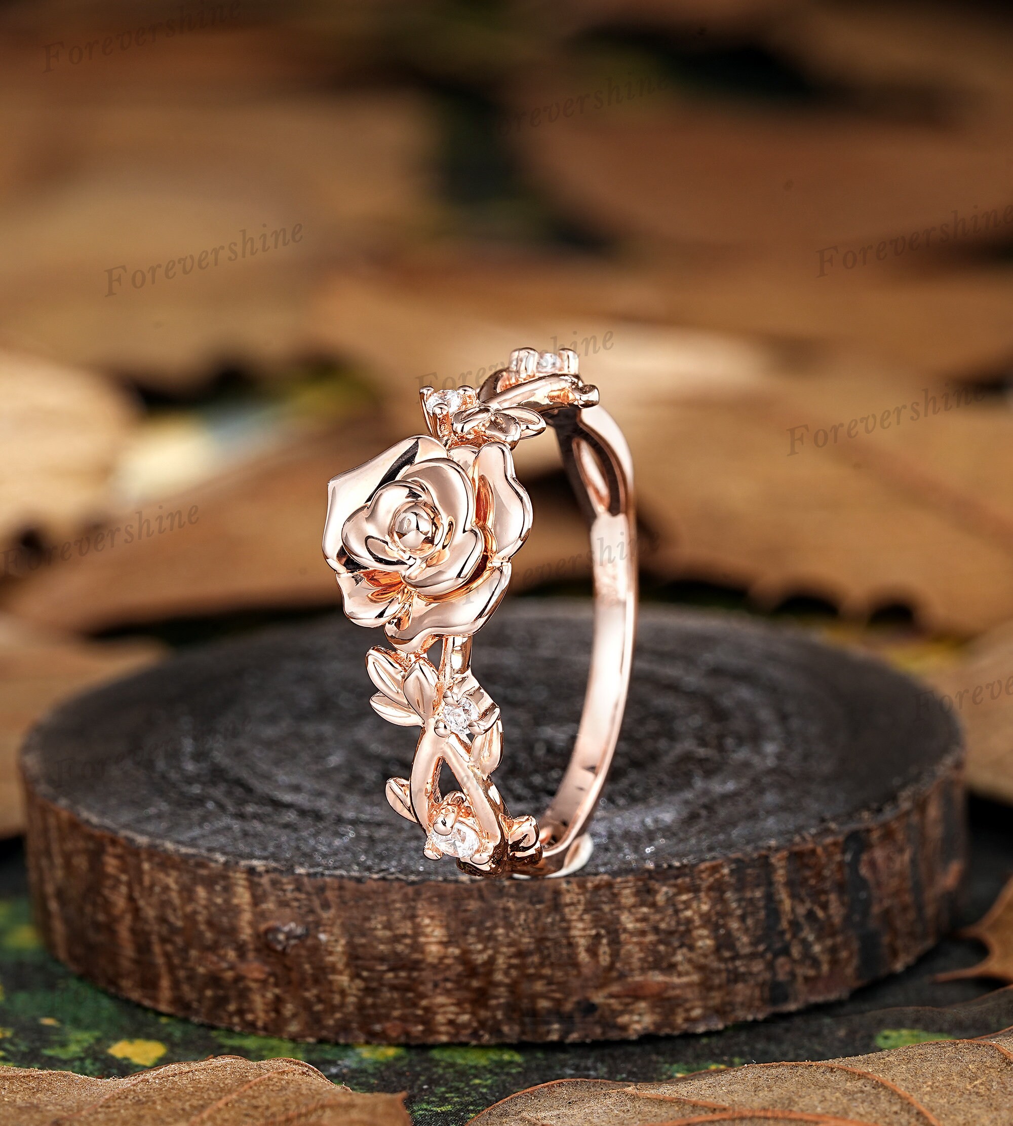 Custom Rose Flower Engagement Ring, Nature Inspired Leaf Branch Wedding ...