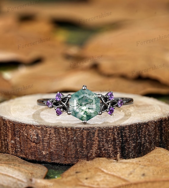 Hexagon Cut Moss Agate Engagement Ring Black Gold Amethyst Wedding