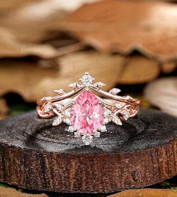14k Gold Pear Pink Sapphire Engagement Ring Set Vintage Nature