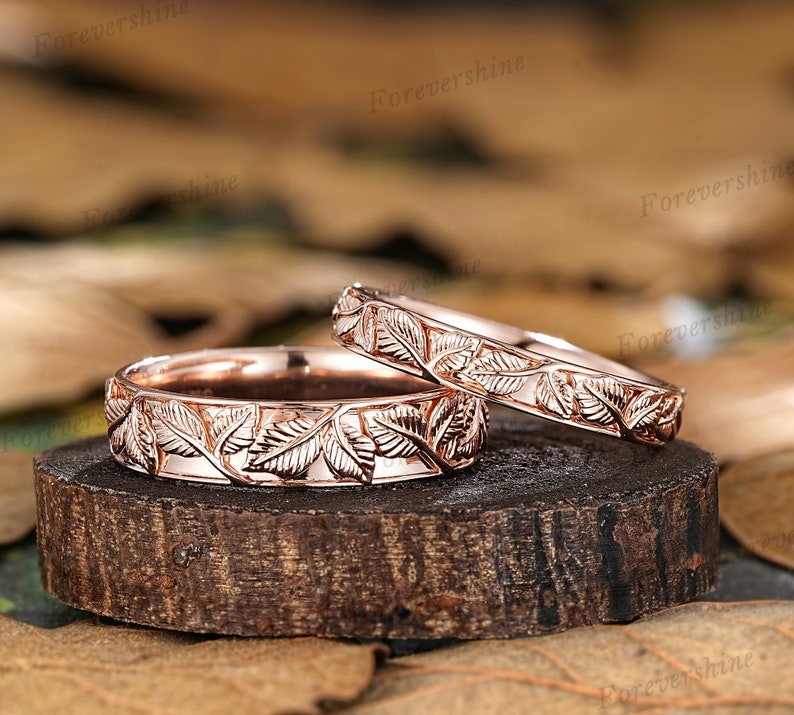 14k Gold Leaf Couple Rings Set for Women and Men Custom Leaf Nature ...