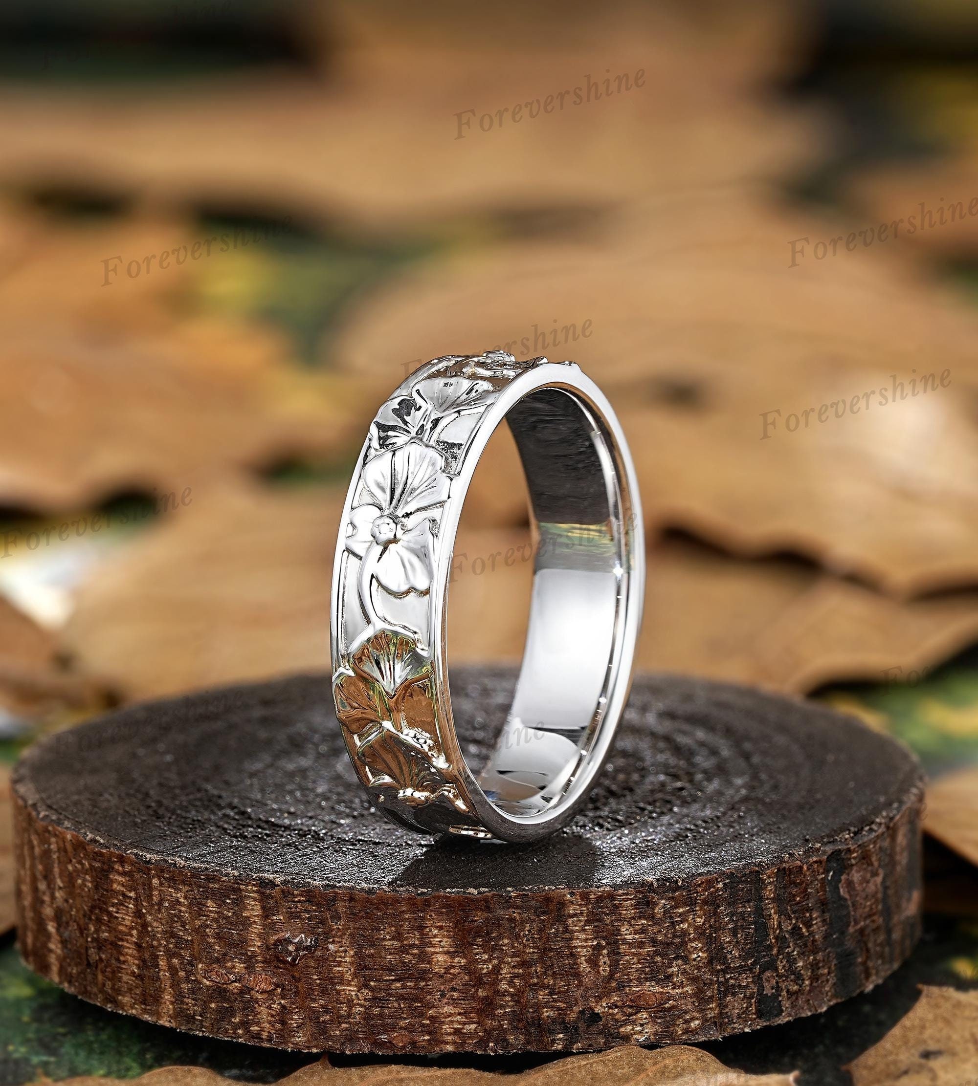 Dainty Iris Flower Couple Ring February Birth Flower Inspired Mens