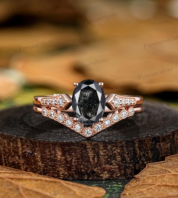 Oval Shape Salt And Pepper Diamond Wedding Ring Set Solid Gold Black Diamond Engagement Rings For Women Diamond Milgrain Stacking Rings Gift