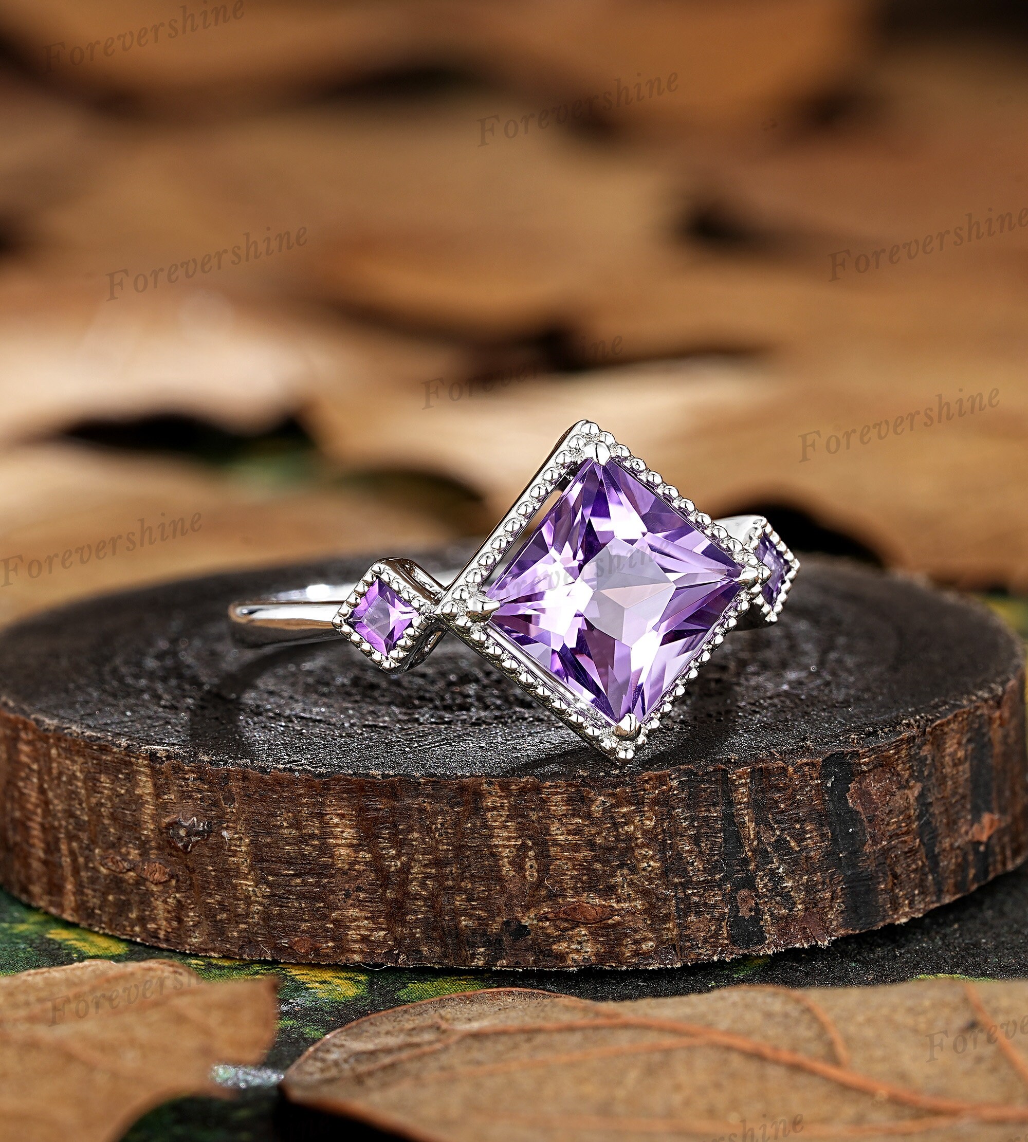 Bague Améthyste Fleur 4.78 Ct Plaqué Or Blanc 18K - Taille 7.75 - Marque Turtleland - Neuf Avec étiquettes