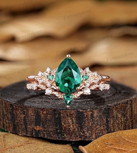Antique Emerald Engagement Ring Set, Nature Inspired Leaf Floral