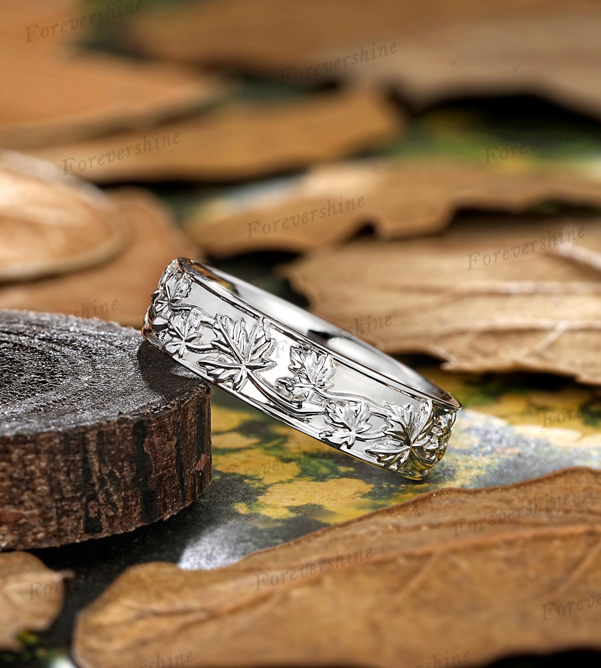 Men's Rings Leaf Pattern Vintage White Gold Maple Mens Ring Wedding Band Nature Inspired Leaf ...