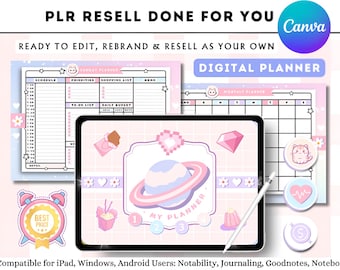 PLR Wiederverkauf Bearbeitbarer Niedlicher Digitaler Planer | Canva Vorlage | Kawaii Planer | Undatierter digitaler Download | Kommerzielle Nutzung | Rebrand & Verkaufen