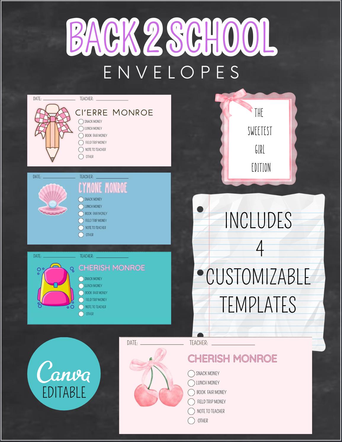 Back to School Money Envelopes for Girls – Editable Canva Templates – School Notes to Teacher – Printable Lunch Money Pouches