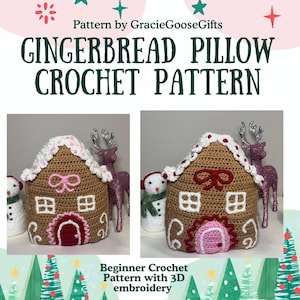 Puede incluir: Un patrón de crochet para una almohada de casa de jengibre con bordado en 3D. El patrón es para principiantes en crochet y presenta una casa de jengibre marrón con detalles de glaseado rosa y blanco. La casa está rodeada de árboles verdes y un muñeco de nieve.
