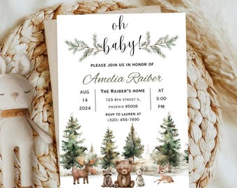 Faire-part de baby shower des bois, modèle d'invitation de baby shower animaux de la forêt, baby shower sans distinction de sexe, bébé renard des bois renard ours raton laveur
