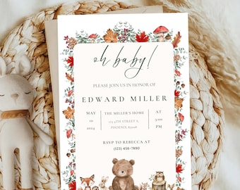 Faire-part de baby shower animaux de la forêt, modèle d'invitation de baby shower des bois, baby shower sans distinction de sexe, bébé renard des bois renard ours raton laveur