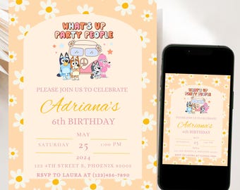 Faire-part d'anniversaire fille, invitation floral bleu, invitation numérique fille bleu, invitation fête bleu, invitation anniversaire enfant, fille invite chien bleu