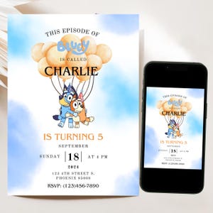 Invitación de cumpleaños de niño, invitación de niño azul, invitación digital de niño azul, invitación de fiesta de Bluey, invitación de cumpleaños para niños, invitación para niños y niñas, azul imagen 1