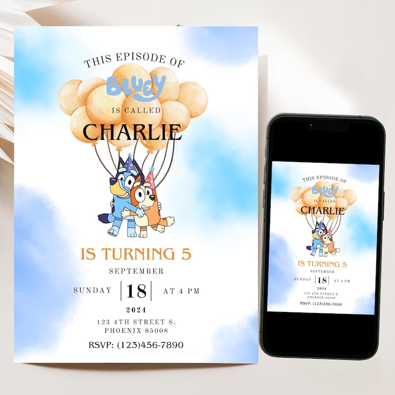 Invitación de cumpleaños de niño, invitación de niño azul, invitación digital de niño azul, invitación de fiesta de Bluey, invitación de cumpleaños para niños, invitación para niños y niñas, azul imagen 1