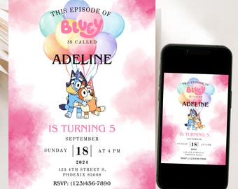 Faire-part d'anniversaire bleu bleu, faire-part fille bleu, invitation numérique fille bleu, invitation fête bleu, invitation anniversaire enfant, inviter les filles