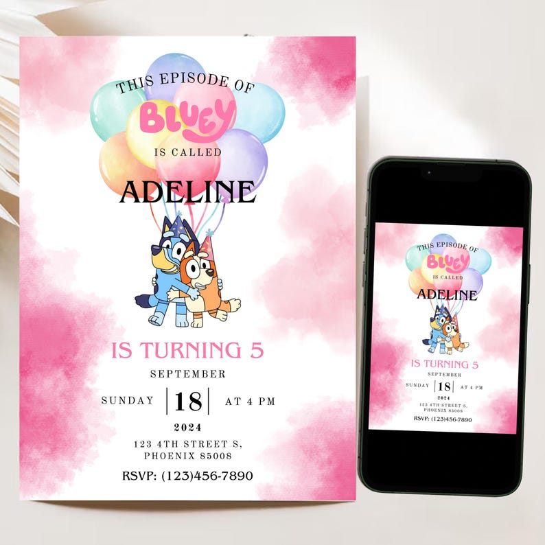 Bluey Birthday Girl Invitation, Bluey Girl Invitation, Digital Bluey Girl Invite, Bluey Party Invite, Kids Birthday Invite, Girls Invite image 1
