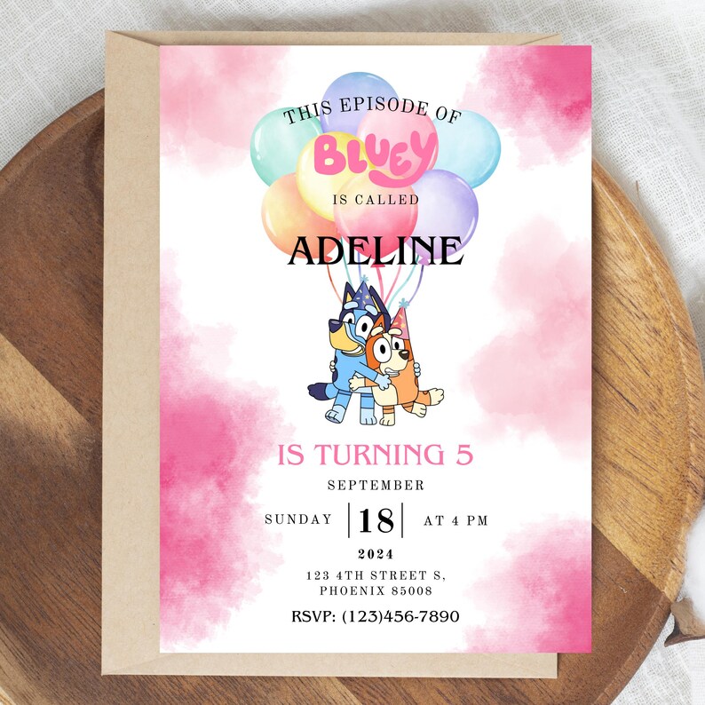 Bluey Birthday Girl Invitation, Bluey Girl Invitation, Digital Bluey Girl Invite, Bluey Party Invite, Kids Birthday Invite, Girls Invite image 2