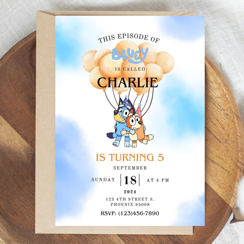 Invitación de cumpleaños de niño, invitación de niño azul, invitación digital de niño azul, invitación de fiesta de Bluey, invitación de cumpleaños para niños, invitación para niños y niñas, azul imagen 2