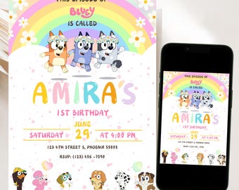 Invitación de cumpleaños para niña, invitación floral azul, invitación digital para niña azul, invitación para fiesta azul, invitación de cumpleaños infantil, invitación para niños y niñas