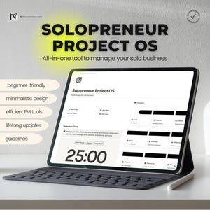 Pode incluir: Uma captura de tela de um computador mostrando um software de gerenciamento de projetos chamado "Solopreneur Project OS". O software tem um design minimalista e apresenta um cronômetro Pomodoro configurado para 25:00. O software foi projetado para ajudar empreendedores solo a gerenciar seus negócios.