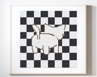 Checkered Black and White Cat Cross Stitch Pattern, Digital PDF/Download