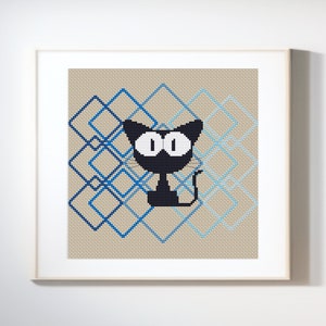 Geometric Black Cat Cross Stitch Pattern, Digital PDF/Download