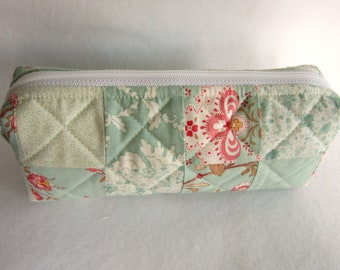 Boxy Pencil Pouch, Zipper Pouch, Quilted Bag, Padded Bag, Aqua Floral Shabby Cottage Chic Pouch Bag