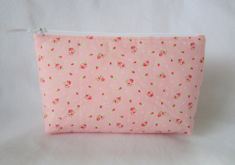 Padded Zipper Pouch 8 x 5, Makeup Bag, Cosmetic Bag, Pink Yellow White Floral, Shabby Cottage Chic Pouch Bag, image 3