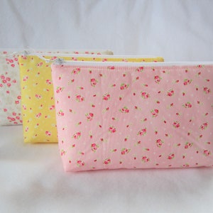 Padded Zipper Pouch 8 x 5, Makeup Bag, Cosmetic Bag, Pink Yellow White Floral, Shabby Cottage Chic Pouch Bag, image 1