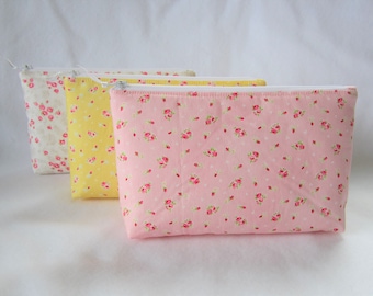 Padded Zipper Pouch (8" x 5"), Makeup Bag, Cosmetic Bag, Pink Yellow White Floral, Shabby Cottage Chic Pouch Bag,