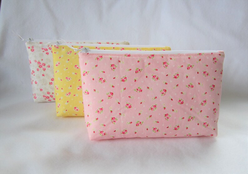 Padded Zipper Pouch 8 x 5, Makeup Bag, Cosmetic Bag, Pink Yellow White Floral, Shabby Cottage Chic Pouch Bag, image 1