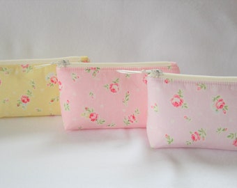 Small Zipper Pouch (5.5" x 3.5"), Coin Purse, Padded Bag, Pink Yellow Purple Floral, Shabby Cottage Chic Pouch Bag, Rosary Pouch