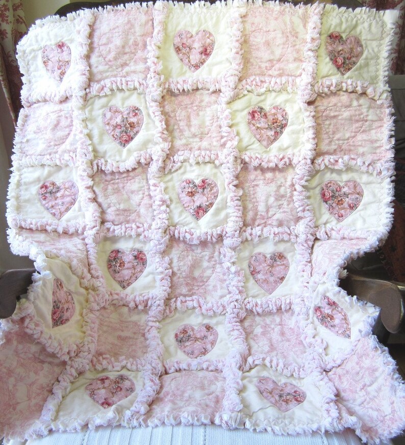 Baby Girl Quilt Shabby Roses Applique Hearts Rag Quilt Cottage Etsy