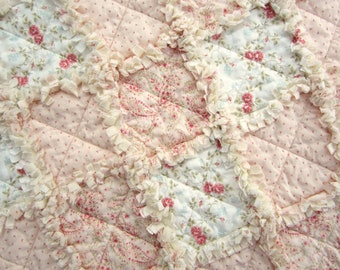 Pink Baby Girl Rag Quilt, Patchwork Quilt, Pink and Ivory Floral, Shower Gift