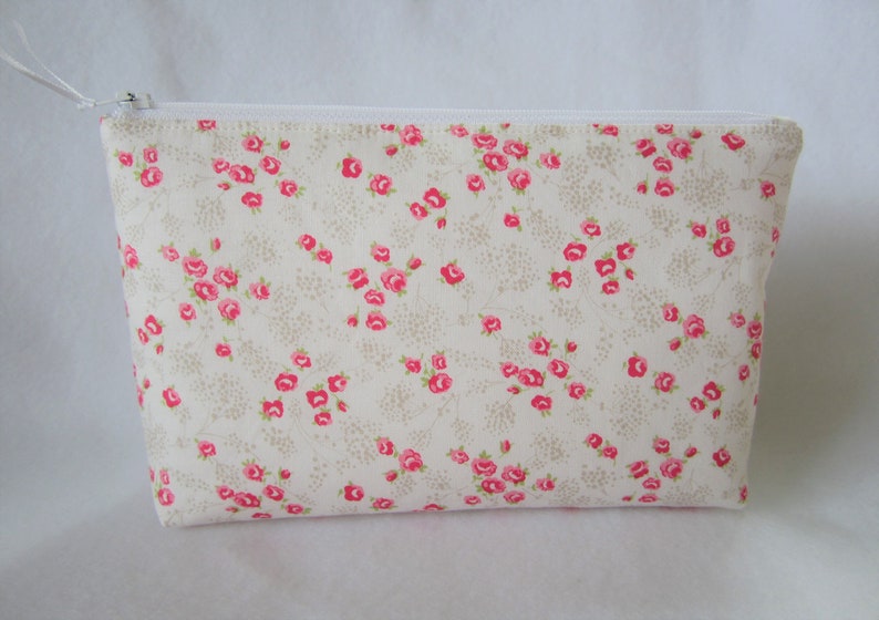 Padded Zipper Pouch 8 x 5, Makeup Bag, Cosmetic Bag, Pink Yellow White Floral, Shabby Cottage Chic Pouch Bag, image 4