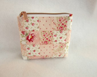 Small Zipper Pouch (5.5" x 5"), Padded Bag, Pink Floral Shabby Cottage Chic Pouch Bag