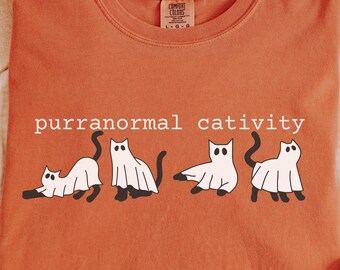 Purranormal Cativity Ghost Cat T-Shirt, Funny Halloween Cat Graphic Tee, Spooky Cute Cat Shirt, Halloween Gift for Cat Lovers, Cat Ghost Tee
